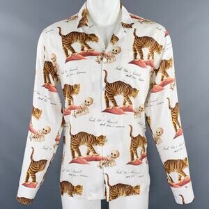 ENDLESS JOY Size M White Brown Tiger Skeleton Print Rayon Long Sleeve Shirt